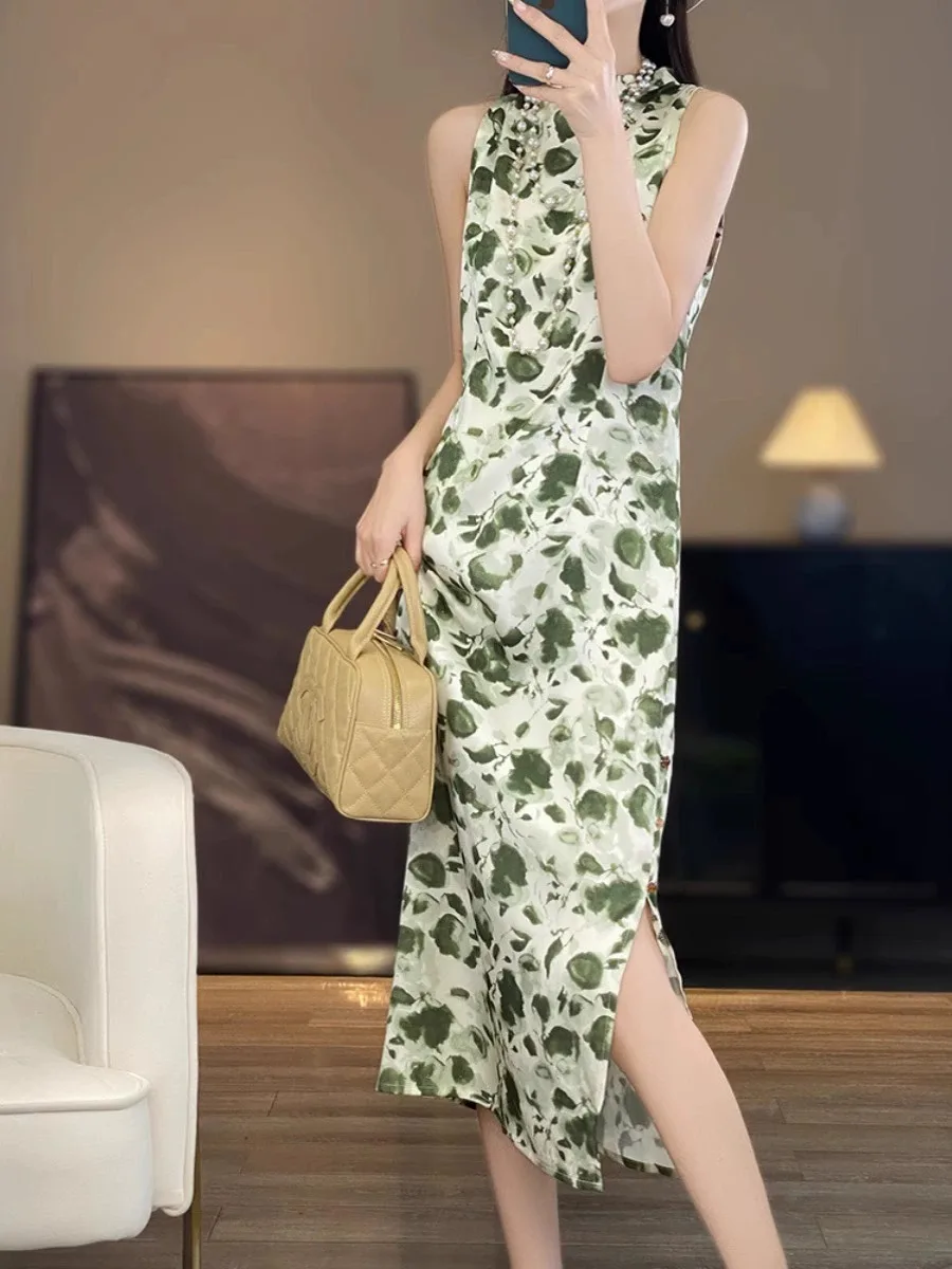 Acétate Satin imprimé Dr femmes rétro chinois Sle Qipao col Svel longue Dr nouvelle jupe fendue chinoise Sle