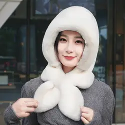 Women Winter Hat With Integrated Scarf Thick Warm Faux Rabbit Fur Hat Full Outdoor Cycling Travel Cold Weather Cap