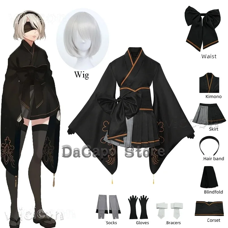 YI01 Yorha 2B 9S Costume Cosplay Nier Automata Donna Uomo Parrucca Abiti Cosplay Stile Kimono Holloween Party Uniformi Nere DOJk8 * @