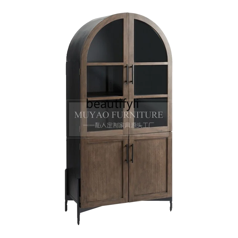 

American solid wood arched bookcase French retro glass door, locker Nordic side cabinet black decorative cabinet