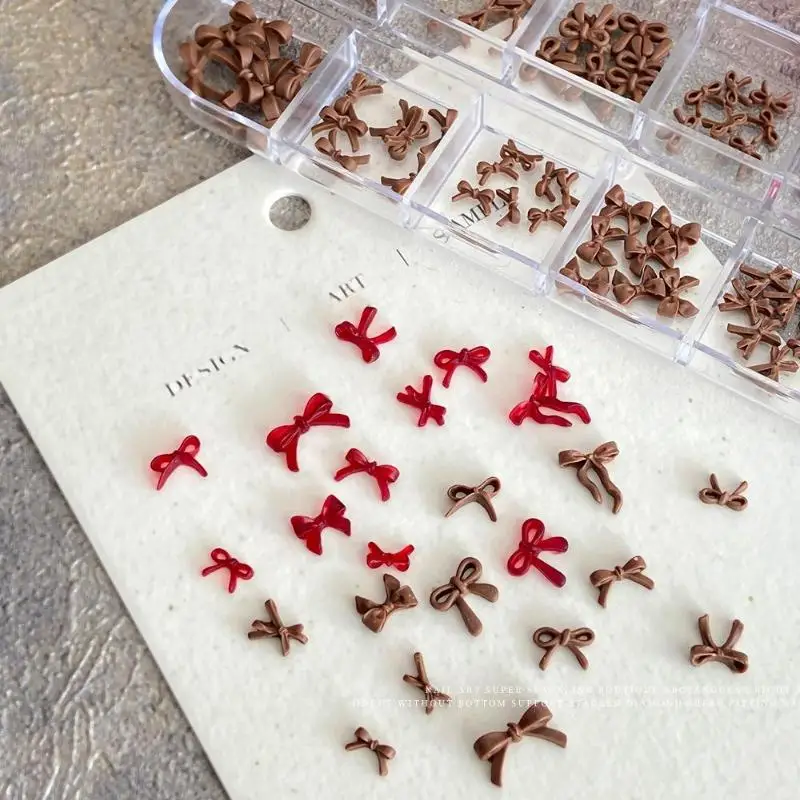 12 rejillas/caja de decoraciones artísticas para uñas con lazo 3d, lazo rojo y marrón, dijes de resina, joyería Diy, suministros de decoración para manicura, accesorios