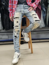 Men's ripped spliced Crystal graffiti blue jeans New Rock distressed stretch ink splash Crystal large size slim denim pants