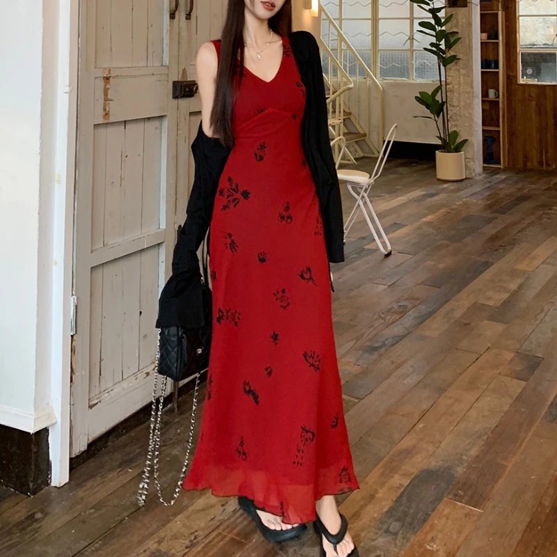 

2024 Summer New Korean V-neck Floral Print Elegant Sling Dress Women + Lace-up Casual Knit Long-sleeved Cardigan Two-piece Suit