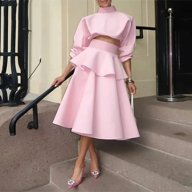 

Solid Elegant Two Piece Sets for Women Stand Neck Long Sleeves Top High Waist Spliced Ruffles Skirt Set Female New
