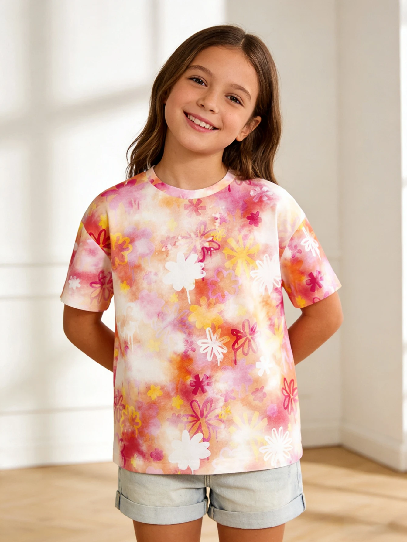 

2026 girls pink orange gradual change colorful flower tie-dye short-sleeved T-shirt