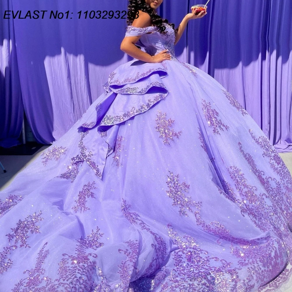 

EVLAST Customized Lavender Ball Gown Quinceanera Dress Glitter Lace Applique Beading Bow Sweet 16 Vestidos De 15 Anos E1QN16
