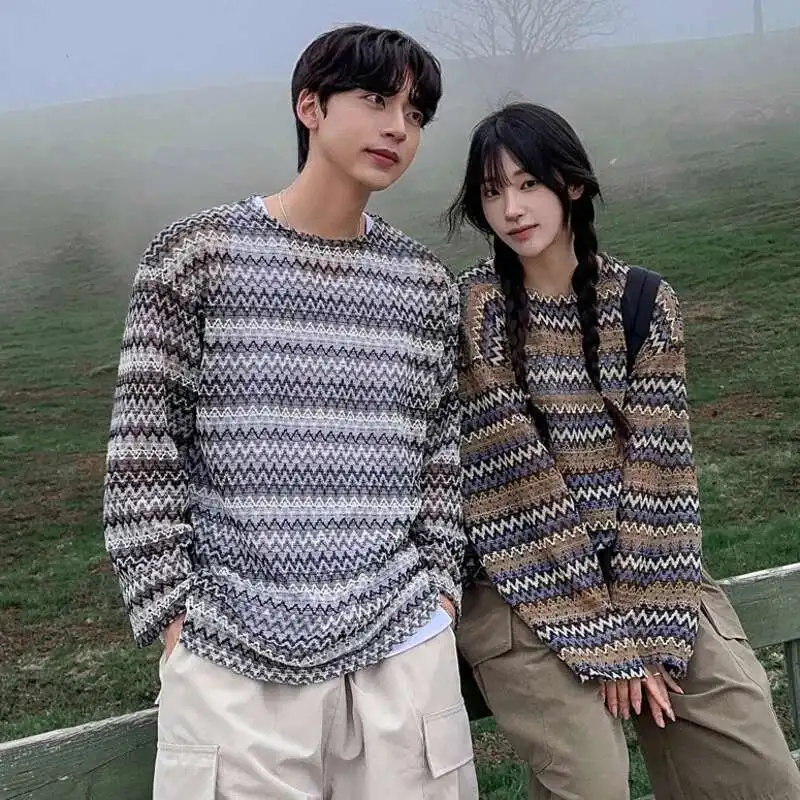 

SYUHGFA Striped Design Men's Tees Round Neck Contrast Color Sun-protective T-shirts Long Sleeved Knitting Loose Male Top New