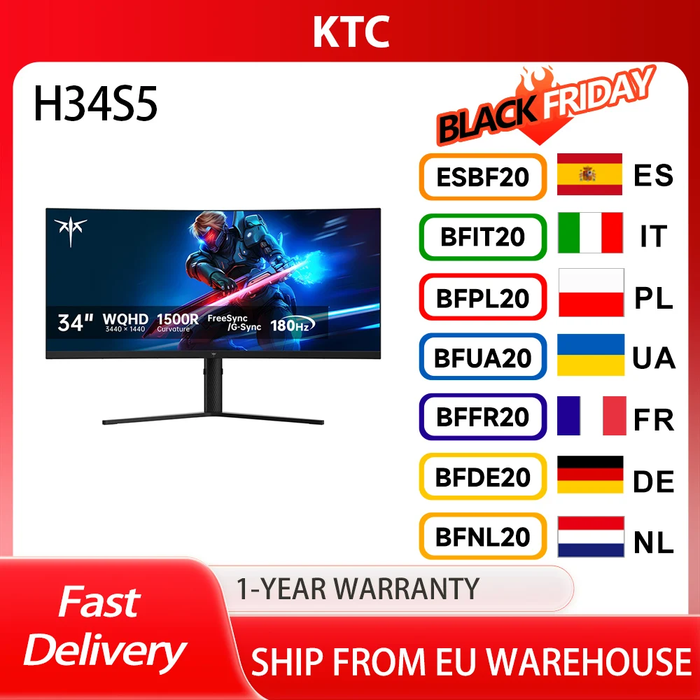 شاشات منحنية KTC H34S5، R1500، 21:9 HVA WQHD، 3440 * 1440@180 هرتز، 34 بوصة، نسبة التباين 4000:1، وقت استجابة GTG 1 مللي ثانية #1