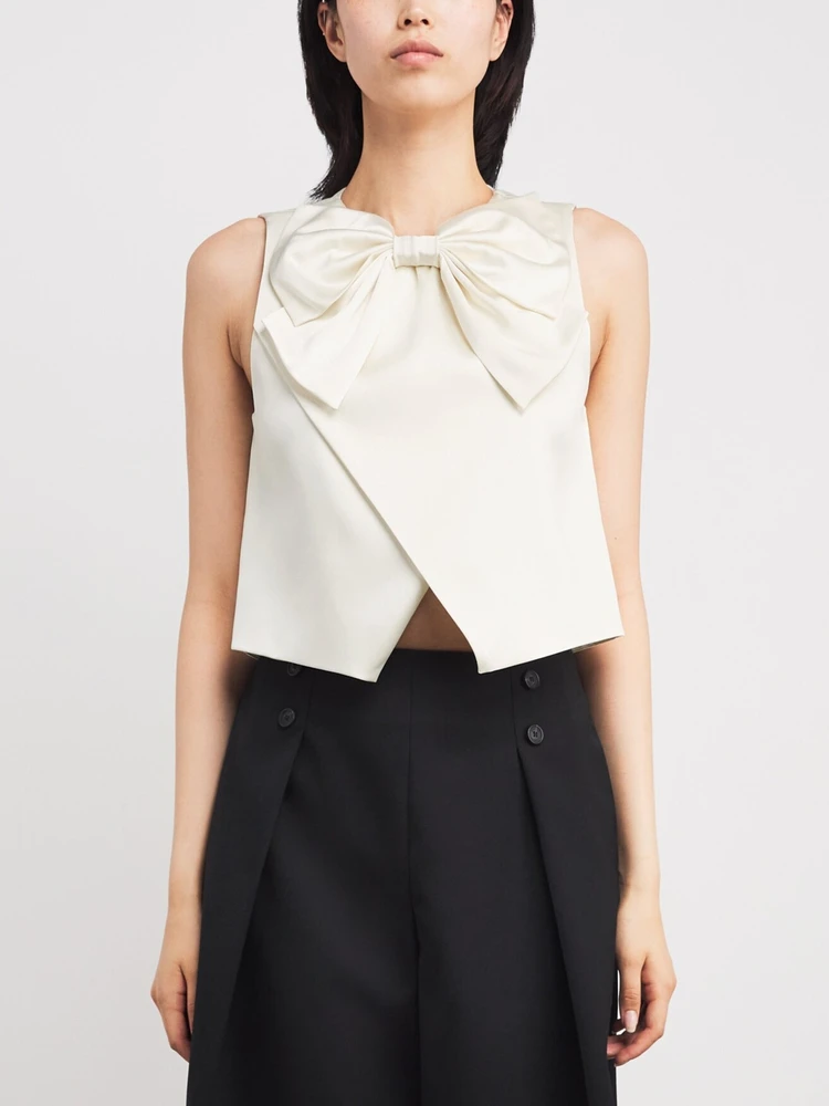 

Pure Color Silk Square Neline Svel Large Bow Knot Top French Sle Early Spring Faion for Women Casual Wear