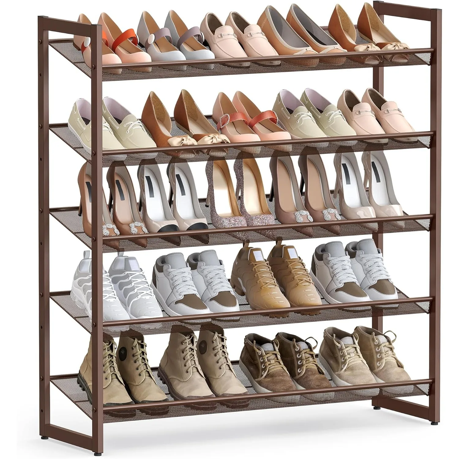 

Shoe Rack, 5-Tier Shoe Organizer, Metal Shoe Storage for Garage, Stackable Shoe Shelf, with Adjustable Flat or Angled Shelves