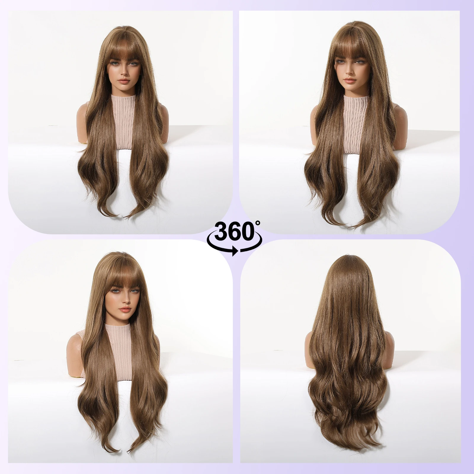 LOUIS FERRE Long Wavy Chocolate Brown Wig with Bangs Synthetic Hair Wig Heat Resistant Daily Wear Office Party Cosplay Halloween