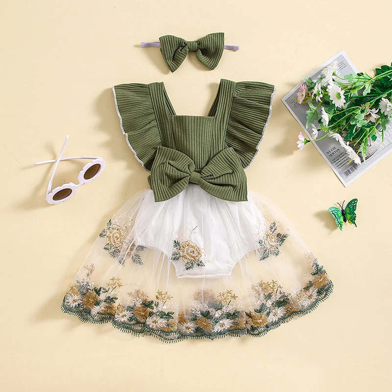 Newborn Baby Girl Romper Dress Infant Short Sleeve Ruffle Mesh  Tutu Skirt Set Summer Spring Outfit Headband