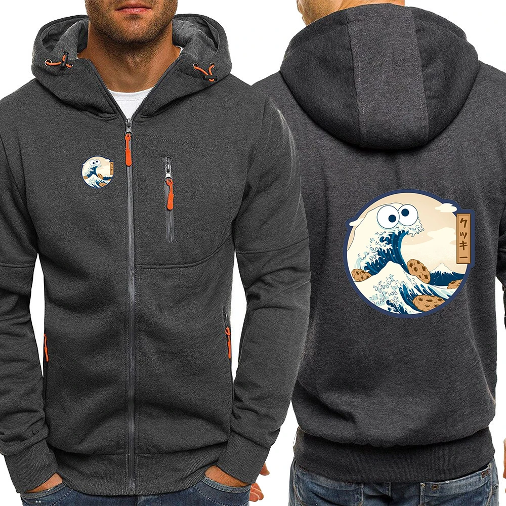 2025 Spring And Autumn Funny Waves Logo Print Men's Sweatshirt Zipper Design Hooded Sweatshirt Hoodies Slim Fit Casual Jacket