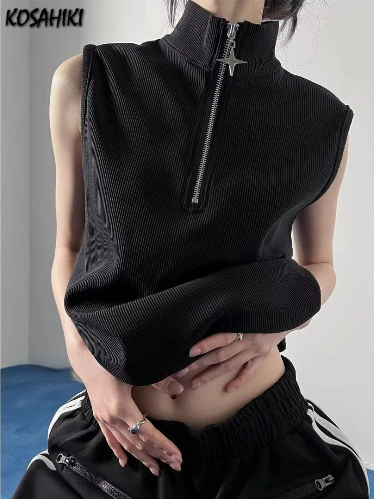 Gothic Tank Topผู้ชายและผู้หญิงHarajuku Punk VintageคอซิปStreetwearแขนกุดY2kความงามSolid Camisoles