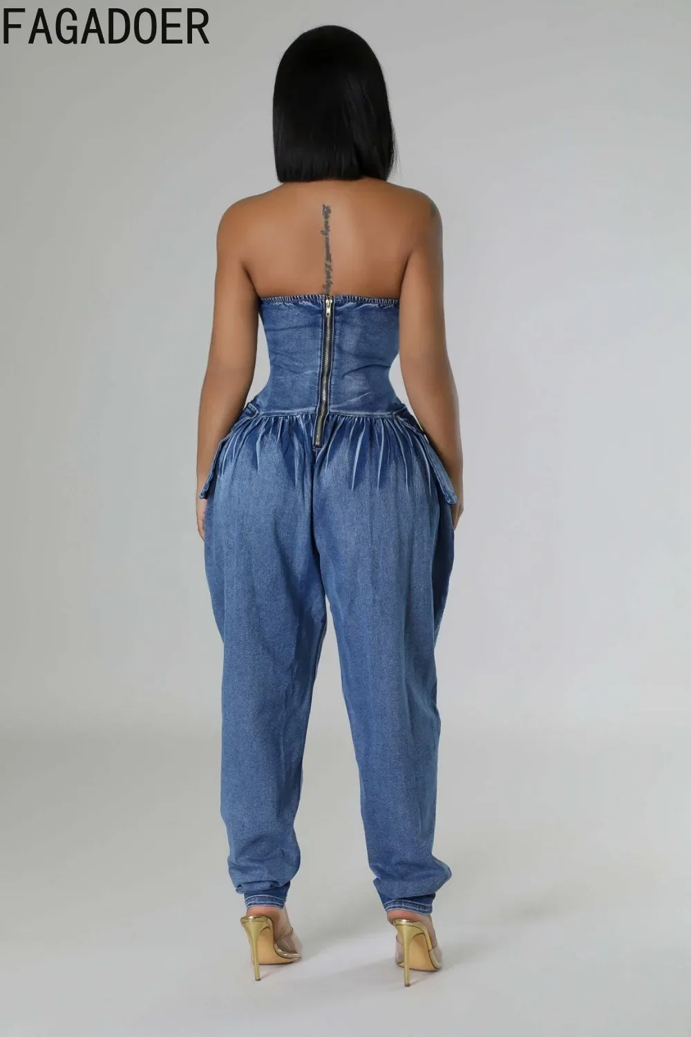 FAGADOER Rohr Sexy Denim Overalls Frauen Mode Backless Geraffte Patchwork Einem Stück Strampler Hot Girl Streetwear Overalls Winter