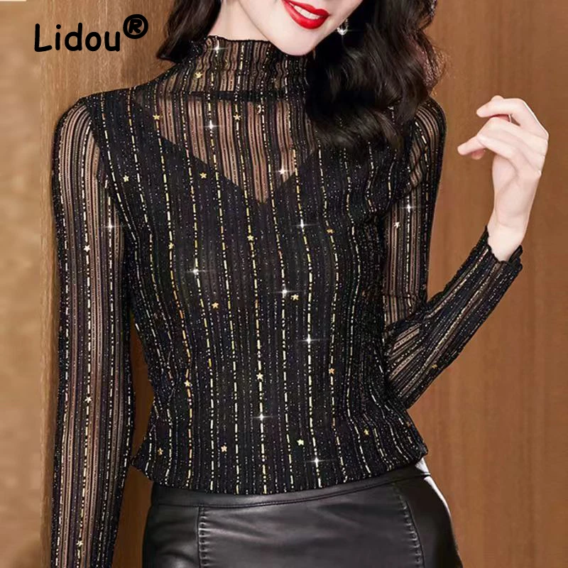 Spring Autumn Sexy Sheer Mesh Elegant High Collar Bright Silk Party Club Ladies Tops Black Long Sleeve Slim Basic T Shirt Womens