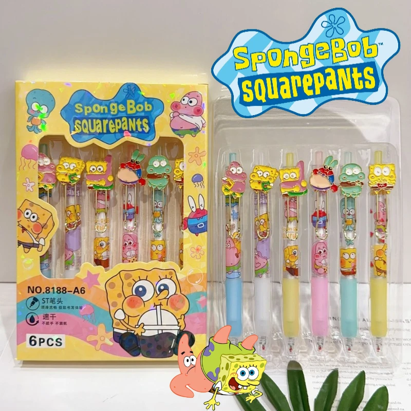 6pcs SpongeBob Neutral Pen Box Set Cartoon Stationery Signature Pen Patrick Anime Office School Supplies Student Stationery Gift