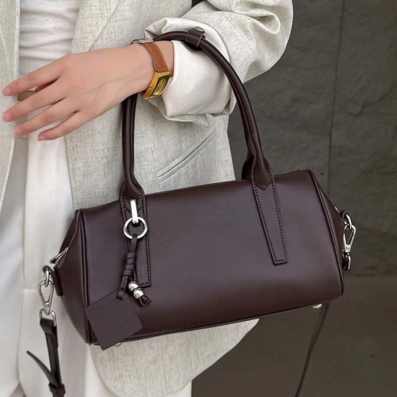 

Women's Coffee Cowhide Genuine Leather Shoulder Bags Female Designer Retro Boston Tote Soft Matte Crossbody Cow Leather Bag