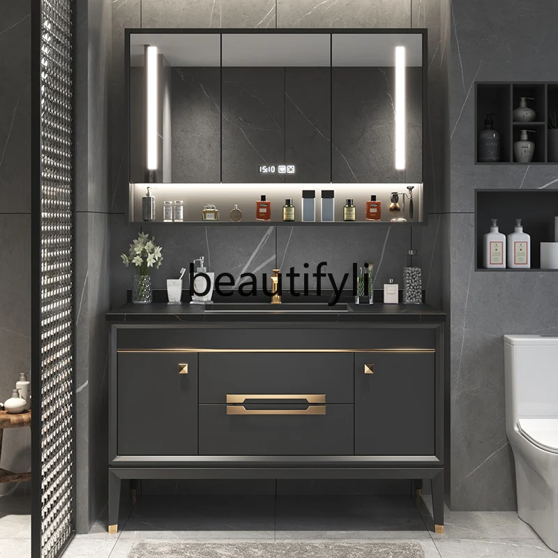 

Light luxury rock slab integrated basin bathroom cabinet combination solid wood washbasin toilet hand washbasin mirror cabinet