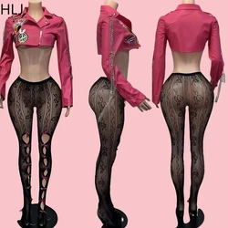 HLJ&GG Rose Fashion Print Leather Jacket Two Piece Sets Women Lapel Long Sleeve Crop Top And Bow Skinny Socks Outfit Streetwear
