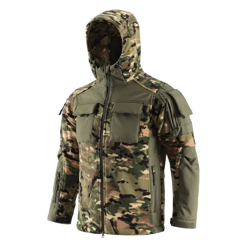 Winter Fleece Tactical Jacket Men Shark Skin Soft Shell Splicing Hooded Jackets Outdoor Warm Coat Male Multi-pocket Windbreak