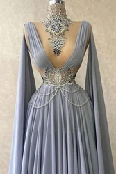 Muslim Blue Chiffon A Line Evening Dress Beaded Sequined Pearl Backless Ruffle Crystal Cap Sleeve Formal Party Prom Gown Vestido