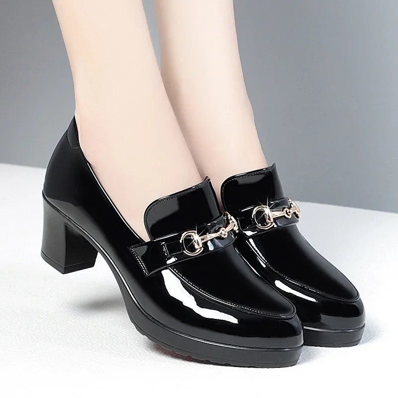 Women High Heels Shoes Fashion Pointed Patent Leather Shallow Single Shoes Zapatos Para Mujer Ladies Slip on Office Work Shoes