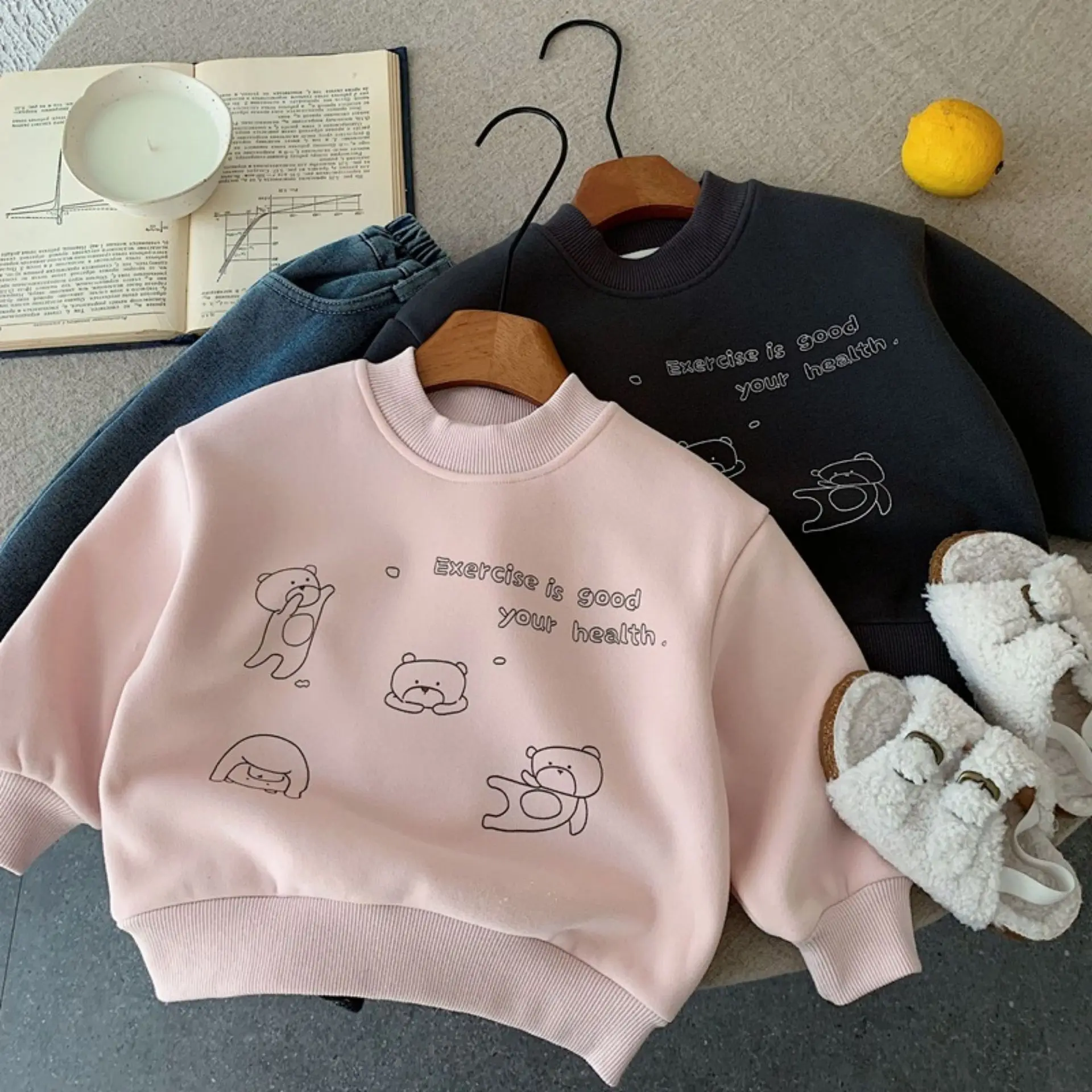 

2025 Winter New Children Fleece Sweatshirt Cartoon Print Girls Warm Pullover Plus Velvet Thick Kids Boys Casual Sweatshirts