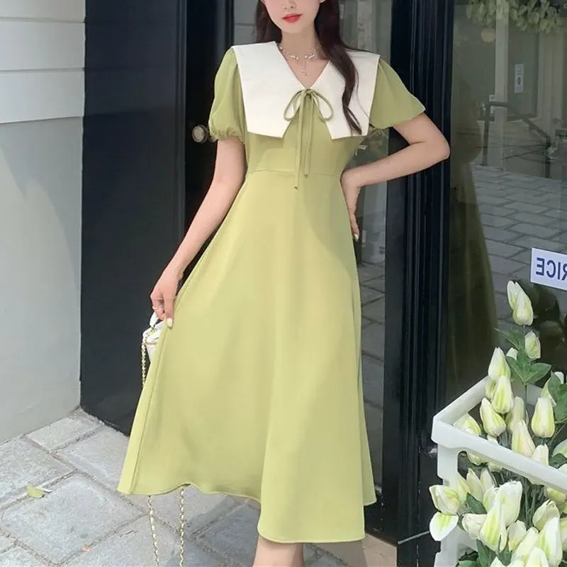 Fashion Drawstring Doll Collar Dresses Summer French Style Solid Color Women's Clothing A-Line Elegant Puff Sleeve Midi Dress