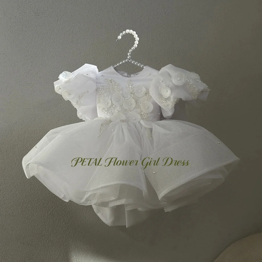 Petal O Neck Flower Girl Dress with Applique Puff Sleeve Kids Party Dress Bow Back Beading Birthday Dress for Girls Customized
