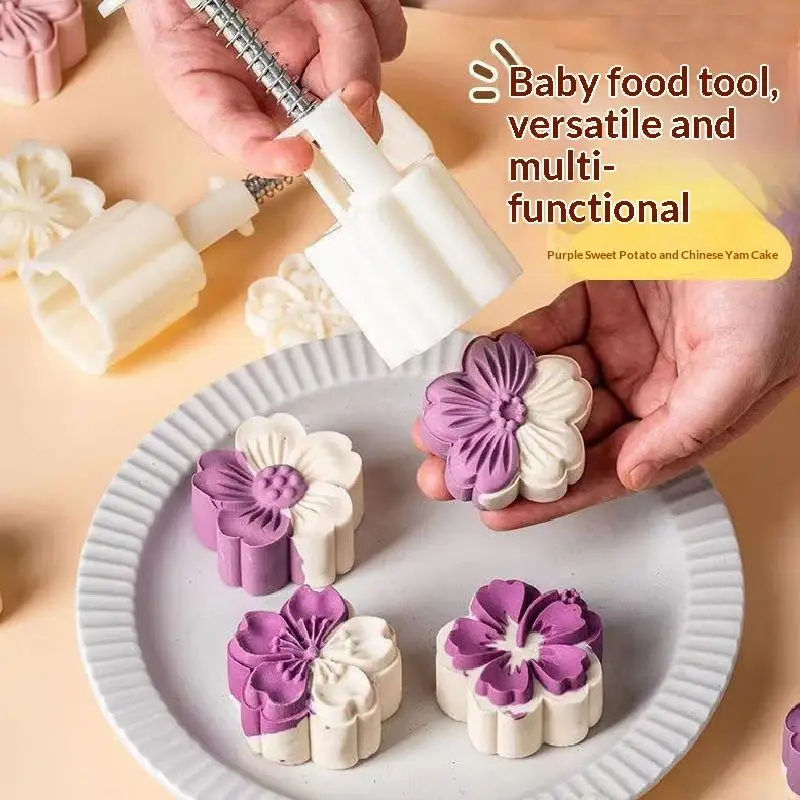 Food Safe Hand Press Flower Shaped Pastry Mold Multiple Stamps Non Stick Surface For Home Baking Mooncakes Desserts Yam Cakes