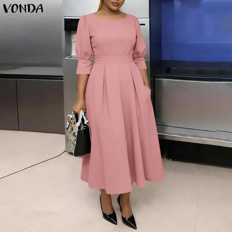 

Fashion VONDA Summer Women Long Dress Solid Color Half Sleeve Pleated Dresses A-lline O Neck Puff Sleeve Vestidos OL Streetwear