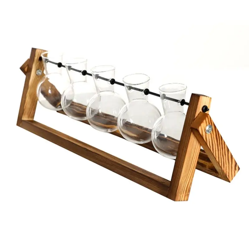 PZHI-Plant Terrarium With Wooden Stand, Wall Mounted Glass Flower Pot Tabletop Propagation Station For Home Garden Decoration
