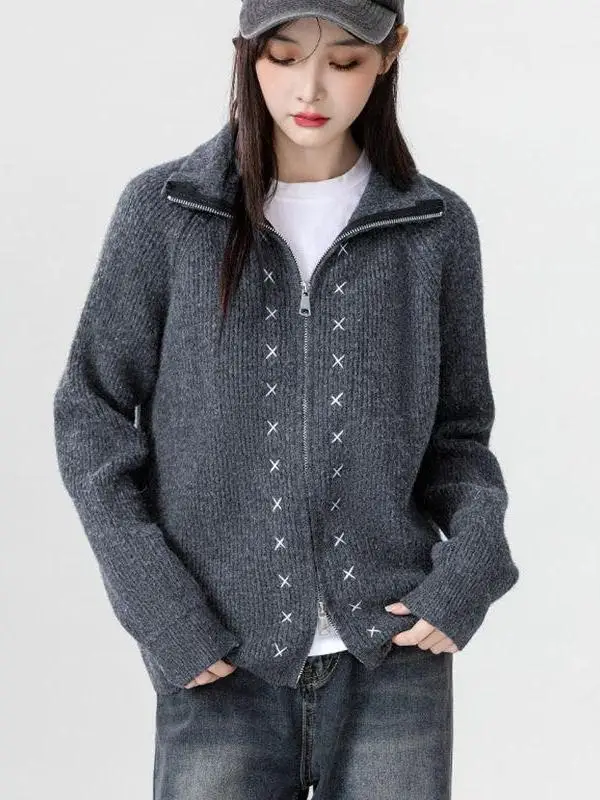 Spring Autumn Grey Stand Collar Knitted Sweater Coat Women's Winter Thick Soft High Collar Zipper Top Trendy Casual Style