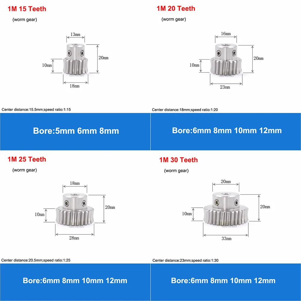 1 Mod Worm Gear Worm Rod 303 Stainless Steel 15/20/25/30/35/40/50/60 Teeth Speed Ratio 1:15 1:20 1:25 1:30 1:35 1:40 1:50 1:60