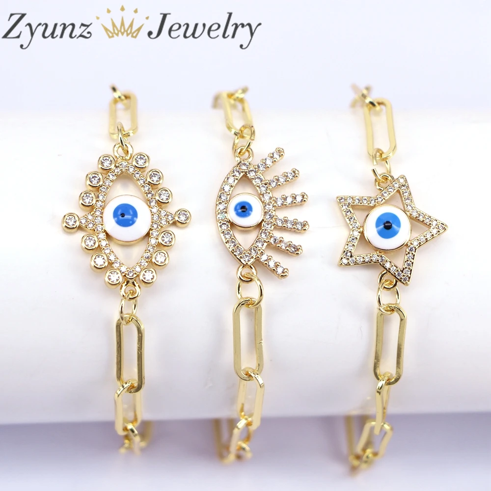 

5 шт., браслет с голубыми глазами, кубический цирконий, модные вечерние украшения, подарок для женщин и мужчин, регулируемый браслет-цепочка с золотыми глазами