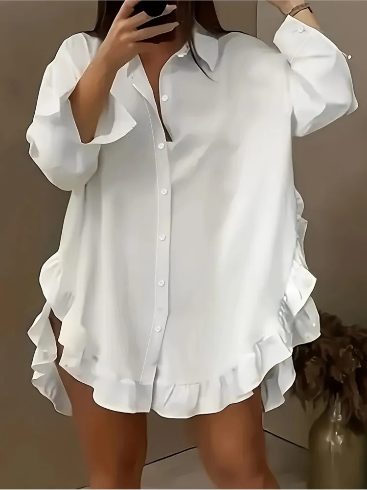

Fashion Lapel Single Breasted Long Sleeve Shirt Women Elegant Spring Solid Color Loose Casual Ruffled Hem Irregular Shirt Women