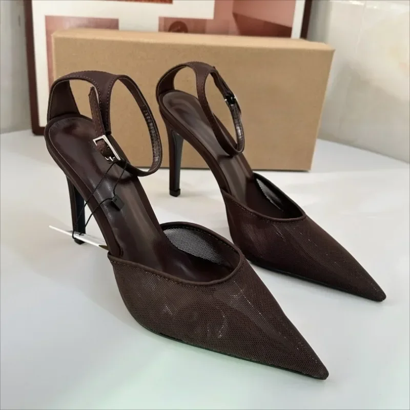 

Spring Sexy Ankle Strap Pointed Toe Pumps Woman Sandals Brown Mesh Stiletto Heels Design Ladies Dress Party Shoes