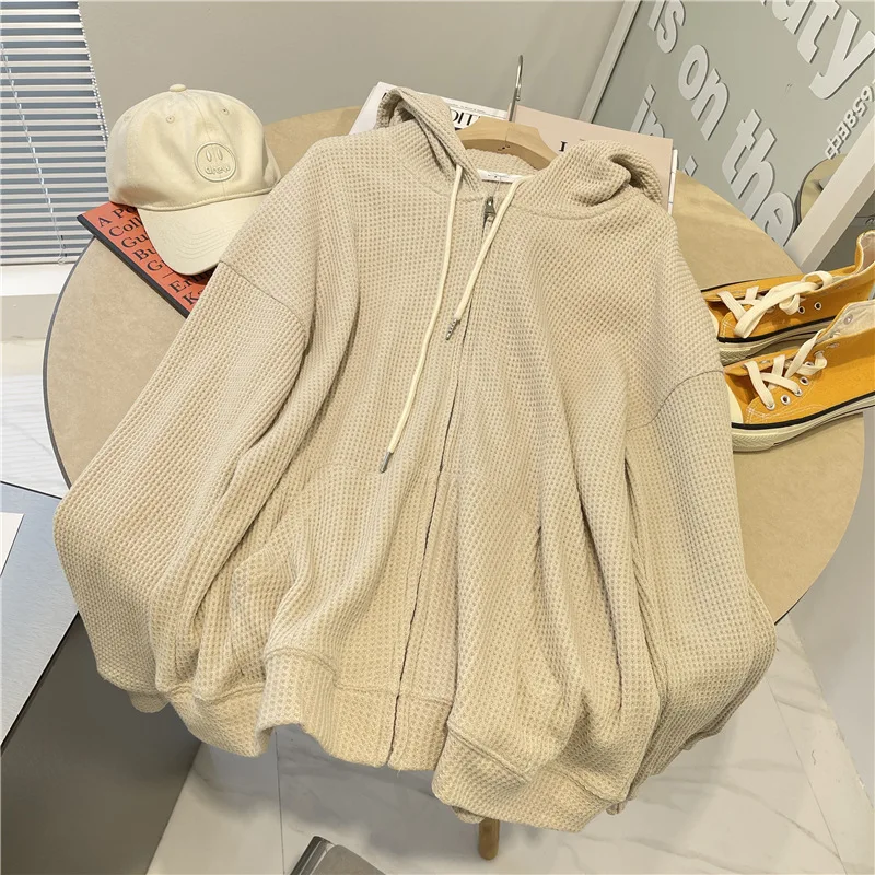 

New Hoodie Woman Waffle Outer Sleeve Female Autumn and Winter Loose Hundred Tide Zipper Cardigan Sweater Female Tops Outside Y2k
