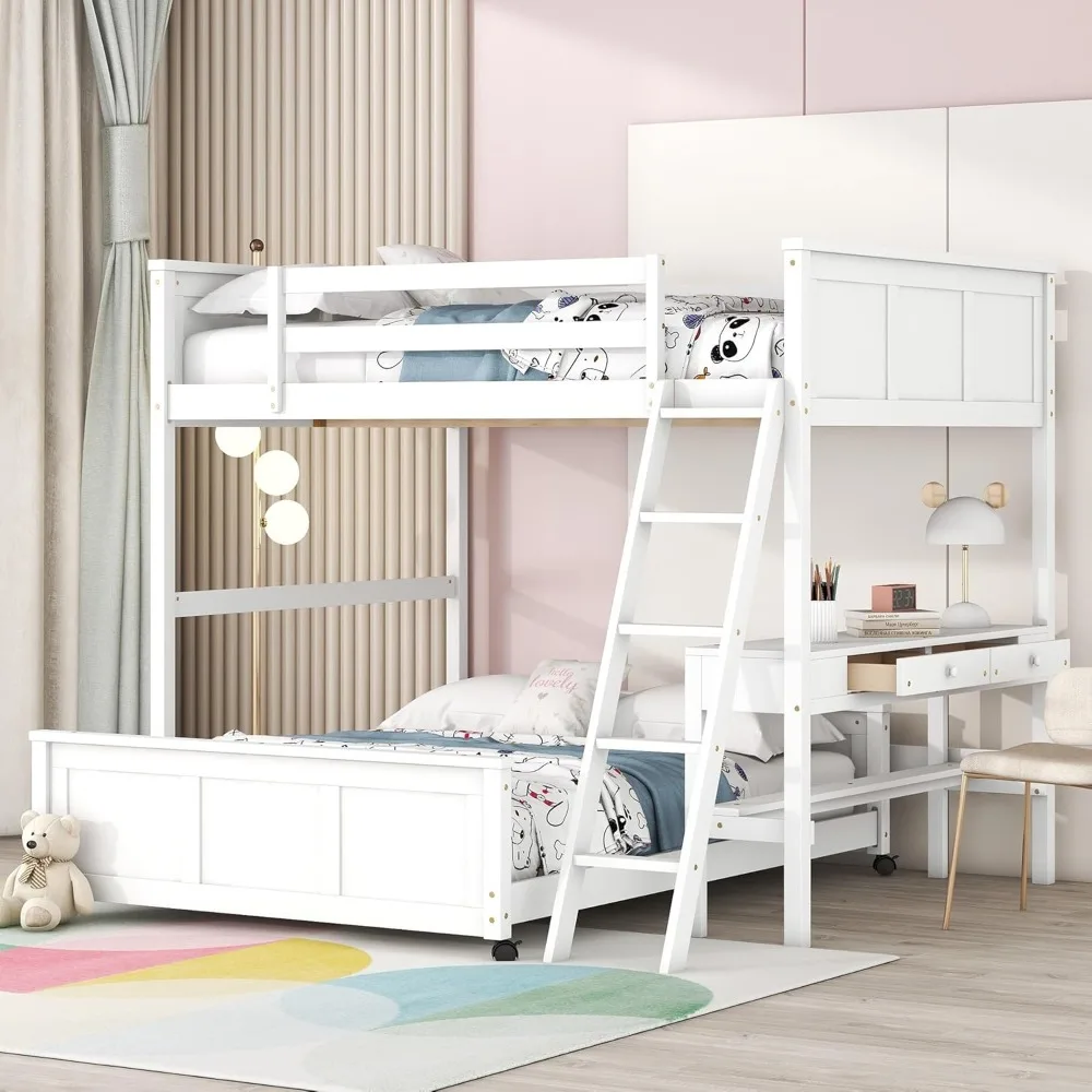 Modern Full Over Full Bunk Bed with Desk and Drawer, L-Shape Fulls Platform Bed with Wheel, with Ladder and Safety Guardrails