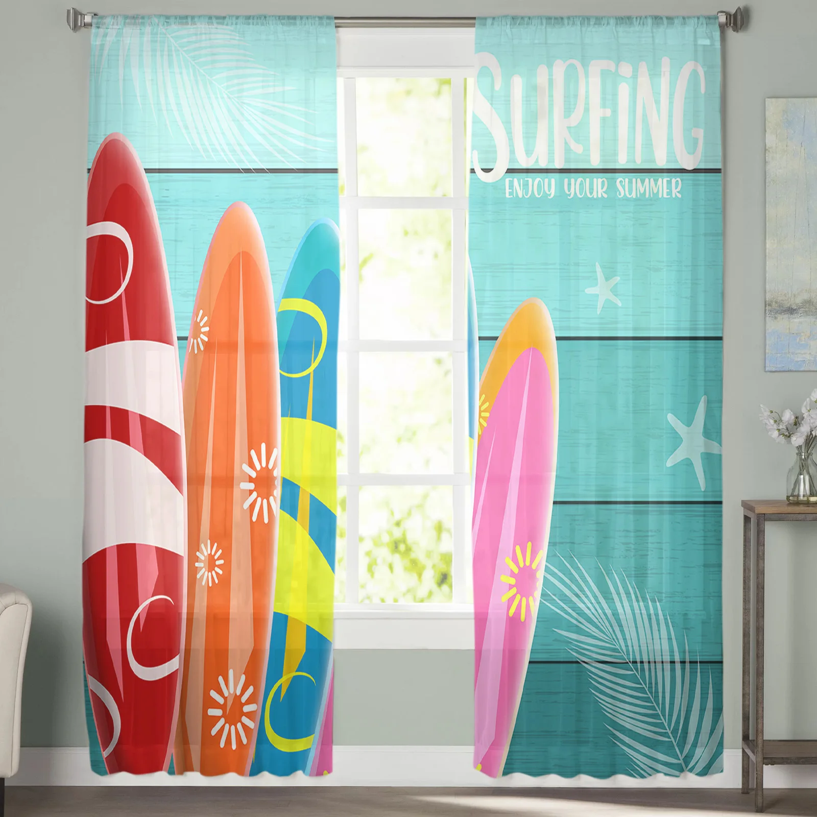 Summer Wood Grain Surfboard Chiffon Sheer Curtains For Living Room Bedroom Kitchen Decoration Window Tulle Curtain