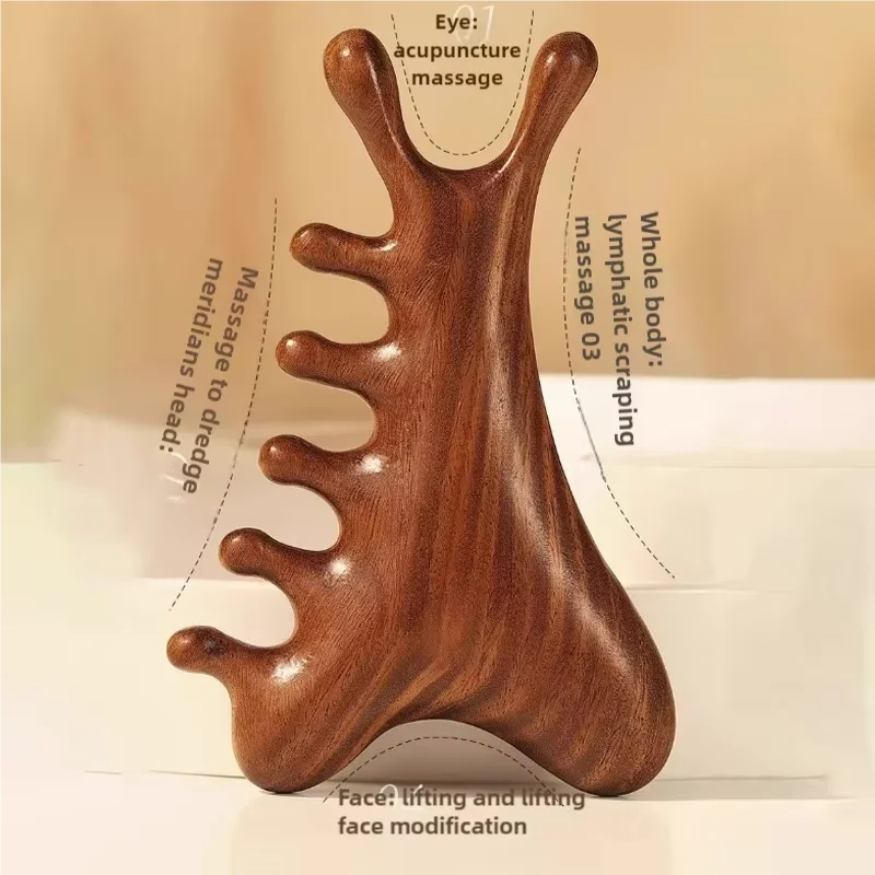 Masseur corporel et crâne, outil de massage pour le cou et le visage, soin de santé, peigne en bois de santal quatre-en-un pour les méridiens et le cuir chevelu, gratte-nez pour points d'acupuncture