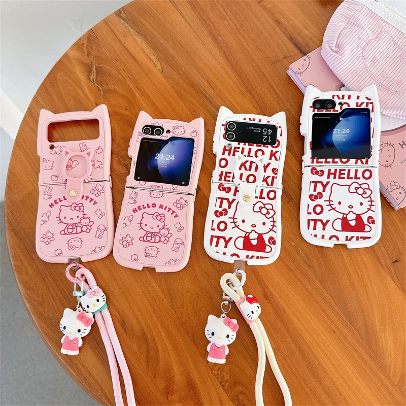 

Sanrio Red Pink Hello Kitty 3D Cat Ear Phone Case For Samsung Galaxy Z Flip 6 5 Z Flip 4 3 With Clasp Ring Lanyard Silicone Case