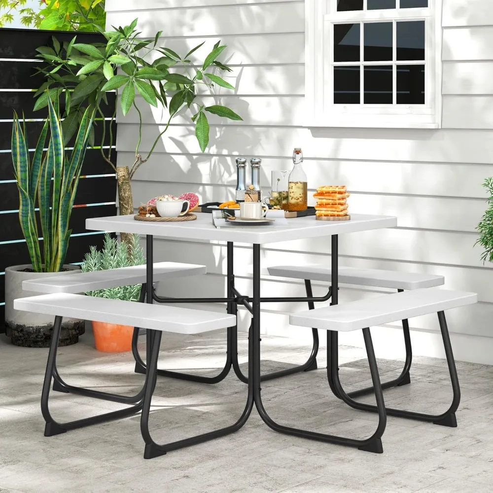 

4-8 Person Square Picnic Table Bench Set with Umbrella Hole, Outdoor Camping Table with HDPE Material and Sturdy Metal