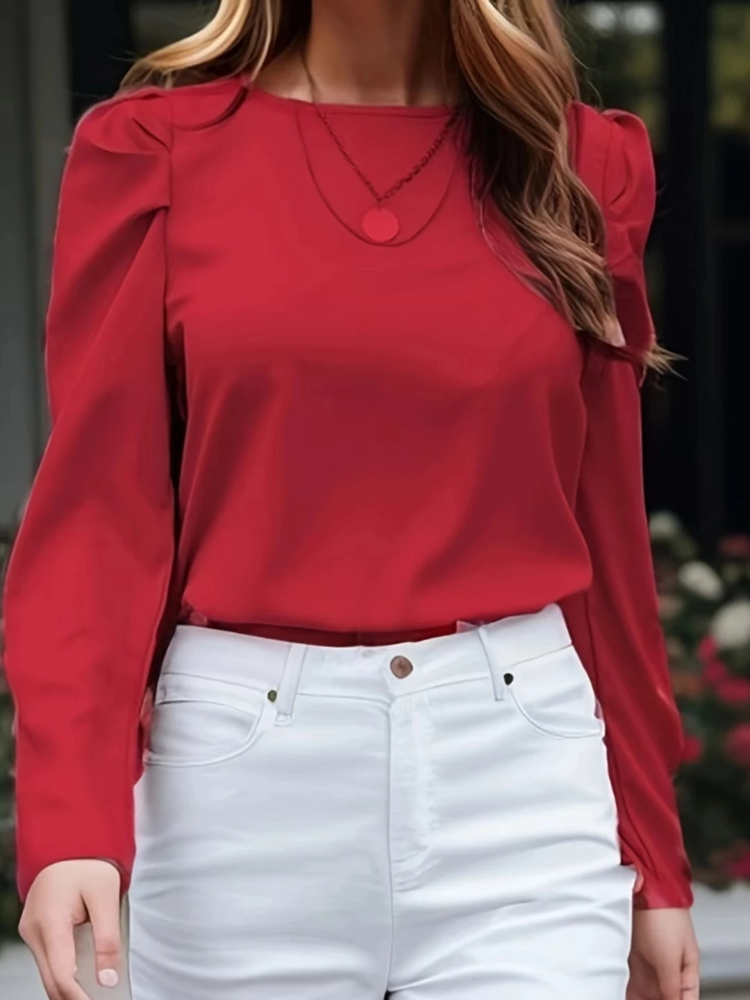 New Blouse  Chic Ruched Elegant Long Sleeve Ruched Blouse - Women\'s Solid Crew Neck Top for Casual and Formal Wear