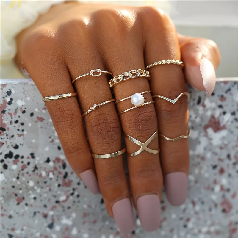 Vintage 10Pcs/set Gold Color Rings Set for Women Simple Boho Geometric Round Circle Finger Knuckle Ring Fashion Jewelry 2021