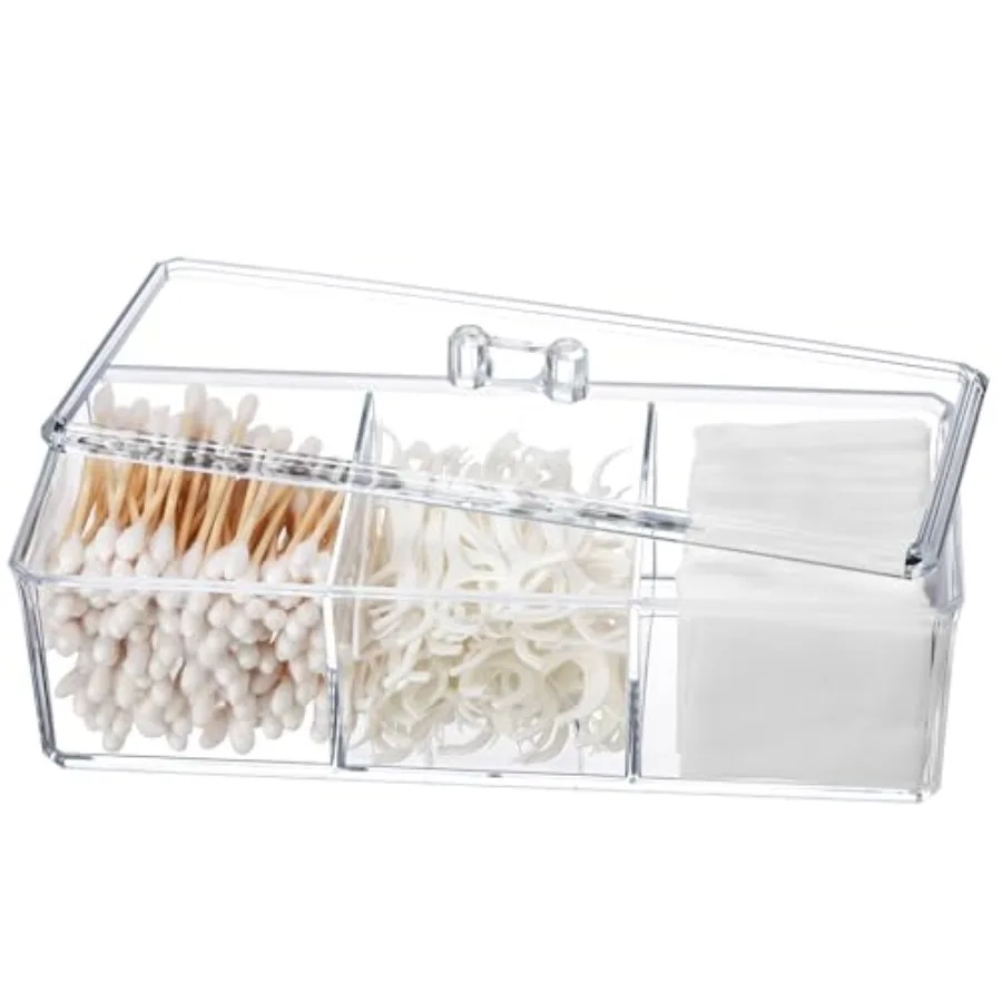 

Qtip Holder Transparent 3 Compartments Cotton Ball and Swab Holder Organizer with Lid, Jar for Cotton Rounds, Bathroom Containe