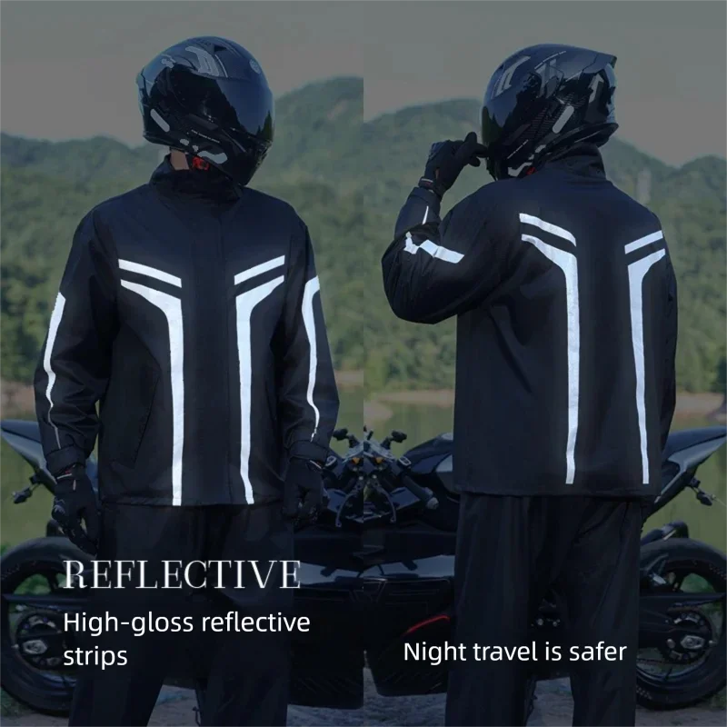 Motorcycle Rain Suit Waterproof 2 Piece Reflective Hooded Jacket and Pants Y Pattern Heavy Rain Riding Gear Men
