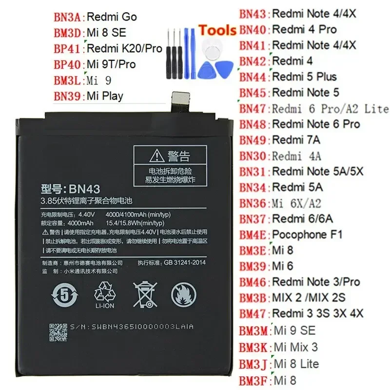 Brand New  Phone Battery For Xiaomi Mi Redmi Note Mix 2 3 3S 3X 4 4X 4A 4C 5 5A 5S 5X M5 6 6A 7 8 Pro Plus BN43  BN31