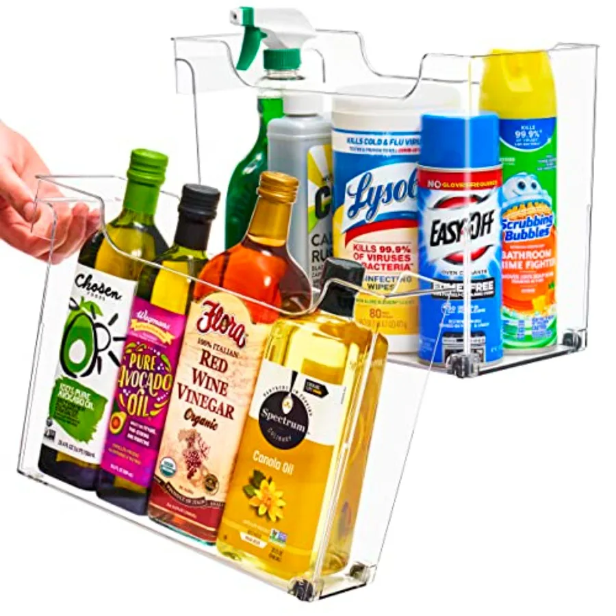 

Roll Out Bottle Organization Bins - 2 Sizes Pantry Under Sink Organizer with Wheels and Handles - Clear Plastic Organizing Cont